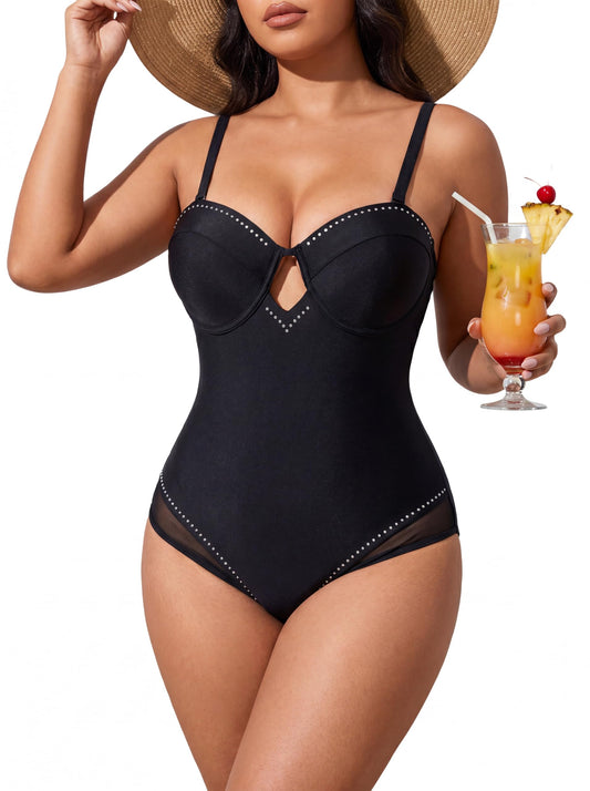 Soho Royal Women's One Piece Swimsuit Shiny Rhinestone Mesh Cutout