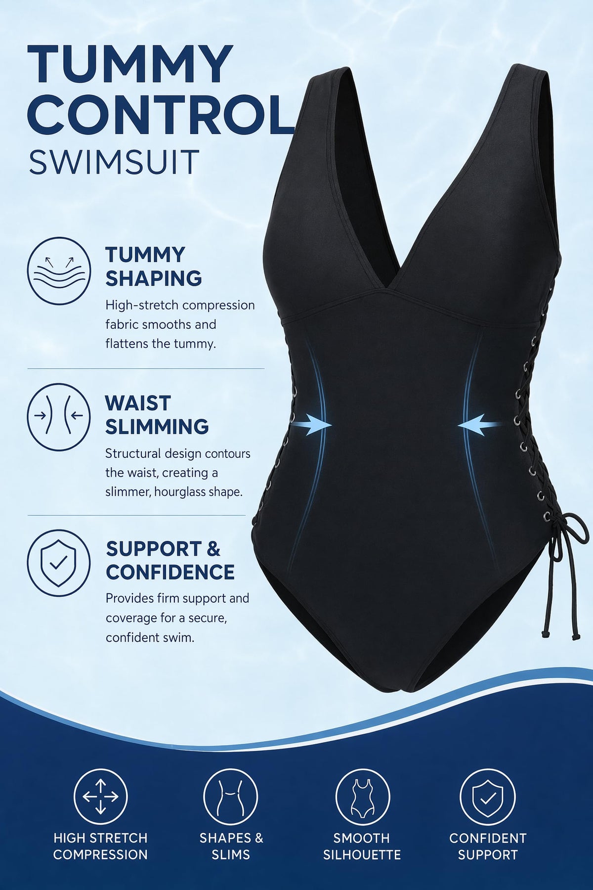 Soho Royal Tummy Control One Piece Swimsuit Side Lace-Up V Neck