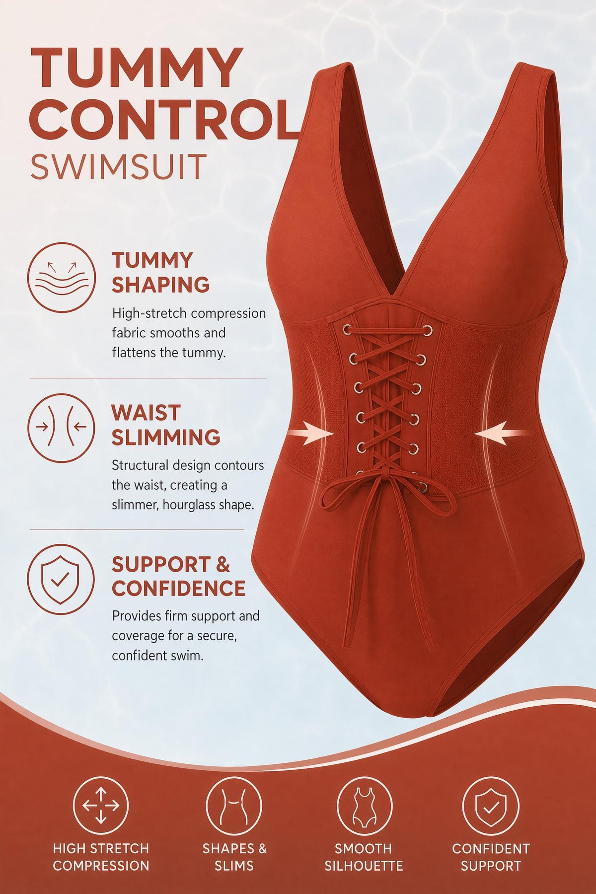 Soho Royal Tummy Control One Piece Swimsuit Adjustable Strap V Neck